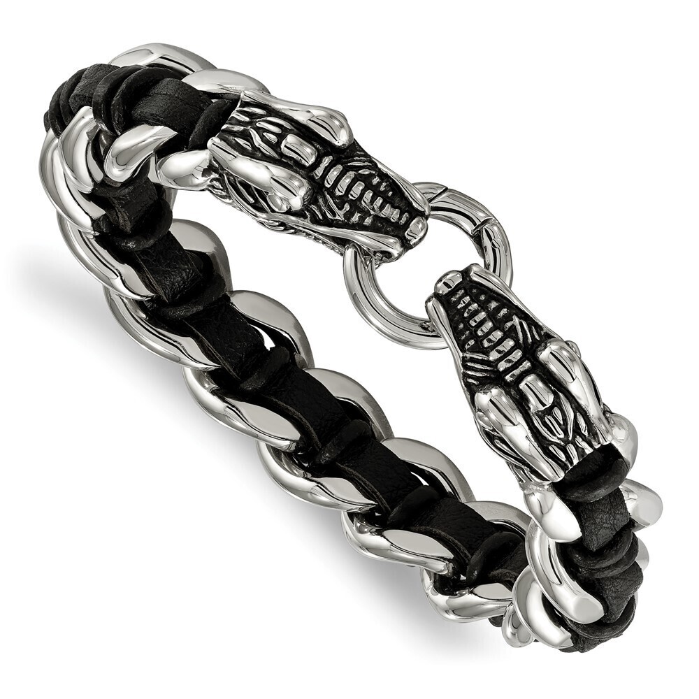 Kazi Luxury Steel Antiqued & Dragon Head Curb Chain Black Leather 8.5in Bracelet